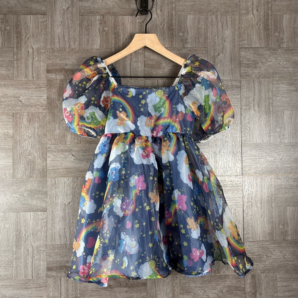 Target Girls Care Bears Organza Puff Sleeve Blue Babydoll Rainbow Mini Dress